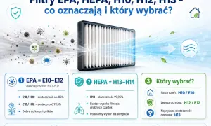 Ilustracja porównuje filtry EPA i HEPA, pokazując ich skuteczność w oczyszczaniu powietrza z zanieczyszczeń. Wyjaśnia, który filtr EPA lub HEPA wybrać w zależności od potrzeb.