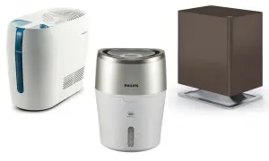 Trzy nawilżacze powietrza: biały, Philips i brązowy. Nawilżacz ewaporacyjny co to znaczy? To urządzenie, które naturalnie nawilża powietrze.