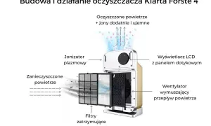 Schemat pokazuje, jak działa oczyszczacz powietrza: zanieczyszczone powietrze przechodzi przez filtry, jest jonizowane, a następnie wentylator wypuszcza czyste powietrze.