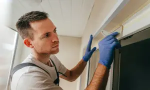 Mężczyzna w niebieskich rękawiczkach wykonuje wymianę silikonu w oknach drewnianych, wygładzając masę specjalnym narzędziem.
