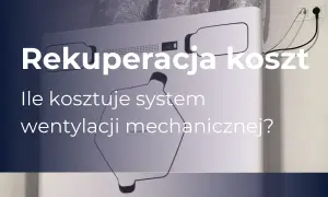 Rekuperacja koszt: ile kosztuje system wentylacji mechanicznej? Białe urządzenie z przewodami i tekstem.