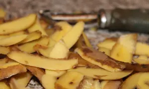 Obierki z ziemniaków, gotowe do czyszczenia komina. W tle widać obieraczkę.