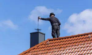 Kominiarz w cylindrze wykonuje przegląd kominiarski przy piecu gazowym, czyszcząc komin na dachu.