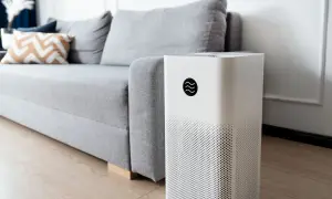 Nowoczesny oczyszczacz powietrza obok szarej kanapy. Czy jego wady są warte świeczki?