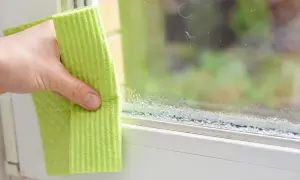 Dłoń z zieloną ściereczką wyciera skraplanie powietrza na szybie okiennej. Krople wody tworzą smugę na dolnej krawędzi okna.