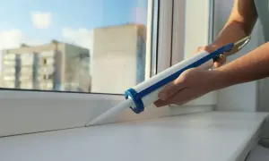Uszczelnianie parapetu przy oknie za pomocą pistoletu z masą silikonową. Dowiedz się, jak zamknąć okno, by było szczelne.