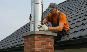 Fachowiec montuje stalowy komin, dbając o jego prawidłowe ocieplenie. Praca na dachu wymaga precyzji i doświadczenia.