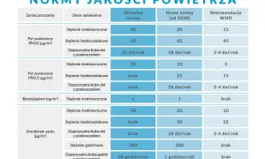 Tabela porównuje aktualne, nowe (od 2030) i rekomendowane przez WHO normy jakości powietrza dla pyłów PM10, PM2.5, benzo(a)pirenu i dwutlenku azotu.