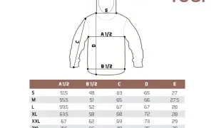 Tabela rozmiarów odzieży z oznaczeniami A1/2, B1/2, C, D, E. Komin leier wymiary podane w cm dla rozmiarów S-3XL.