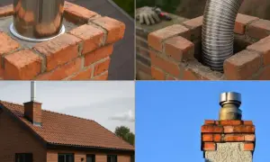 Montaż wkładu kominowego do ceglanego komina. Widać różne etapy podłączenia kominka do komina z cegły, od pustego otworu po gotowy system.