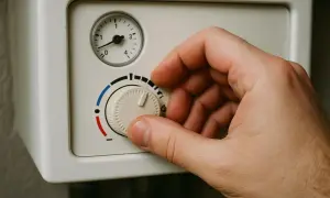 Dłoń reguluje termostat kotła, optymalizując odzysk ciepła ze spalin z komina dla efektywnego ogrzewania.