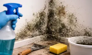 Grzyb w piwnicy rozrósł się w rogu ściany. Ręka w niebieskiej rękawiczce trzyma butelkę ze sprayem, obok leży szpachelka i gąbka.