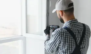 Monter dokręca śruby w ościeżnicy, naprawiając nieszczelne okno od strony zawiasów.
