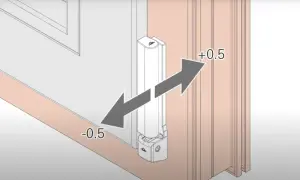 Ilustracja pokazuje okucia Roto starego typu z oznaczeniami regulacji +/- 0.5, wskazującymi możliwość dopasowania drzwi.