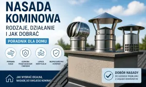 Trzy metalowe nasady kominowe na dachu. Poradnik o rodzajach i doborze nasad kominowych.
