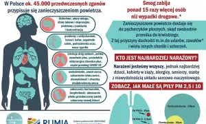 Zanieczyszczenie powietrza w Polsce to ok. 45 tys. zgonów rocznie. Smog wpływa na mózg, płuca, serce, powodując udary, choroby serca i problemy z rozwojem dzieci.
