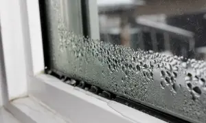 Krople wody na oknach po nocy tworzą wzory. Widać je na białej ramie okiennej.