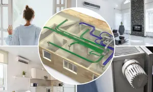 Co to jest wentylacja mechaniczna? Schemat instalacji w domu, nowoczesne wnętrza, kobieta przy oknie i termostat grzejnika.