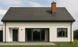 Nowoczesny dom z szarym dachem i białymi ścianami. Na dachu widoczny jest ceglany komin z klinkieru, dodający mu charakteru.