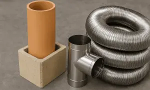 Elementy do budowy komina: ceramiczna rura, trójnik i stalowa, karbowana izolacja. Idealne, by wybrać jaki wkład kominowy do pieca węglowego będzie najlepszy.