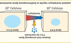 Ilustracja pokazuje, jak jednostka wilgotności powietrza zmienia się przy schładzaniu. Powietrze o temperaturze 20°C zawiera 17,3 g wody, a po schłodzeniu do 10°C, 7,9 g wody skrapla się.