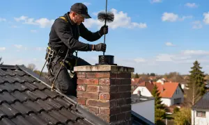 Kominiarz w uprzęży wykonuje czyszczenie komina ceramicznego na dachu.