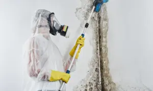 Osoba w kombinezonie i masce gazowej usuwa pleśń ze ściany. Woda w piwnicy spowodowała rozwój grzyba.