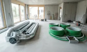 Na budowie leżą metalowe rury i zielone węże, które mogą posłużyć do montażu systemu rekuperacji.