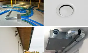Instalacja rekuperacji w stropie: niebieskie i zielone przewody wentylacyjne, czerpnie i wyrzutnie ścienne, centrala wentylacyjna.