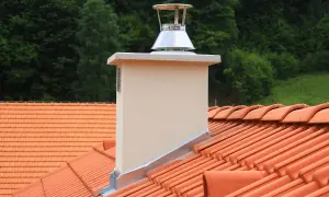 Nowy komin z nasadą, która pomaga jak wyeliminować ciąg wsteczny. Tło to zielony las.