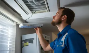 Technik dokonuje odbioru wentylacji mechanicznej, sprawdzając urządzenie pod sufitem.