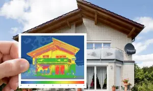 Termowizja domu pokazuje rozkład temperatur, pomagając ocenić wzór na współczynnik przenikania ciepła.