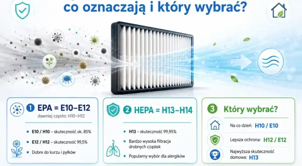 Ilustracja porównuje filtry EPA i HEPA, pokazując ich skuteczność w oczyszczaniu powietrza z zanieczyszczeń. Wyjaśnia, który filtr EPA lub HEPA wybrać w zależności od potrzeb.