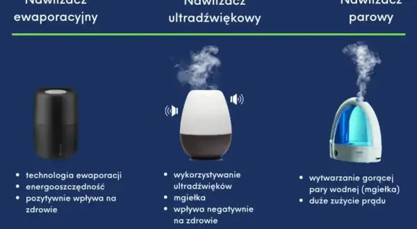 Porównanie nawilżaczy: ewaporacyjny (zdrowie, oszczędność), ultradźwiękowy (mgiełka, negatywny wpływ na zdrowie), parowy (gorąca para, duże zużycie prądu).