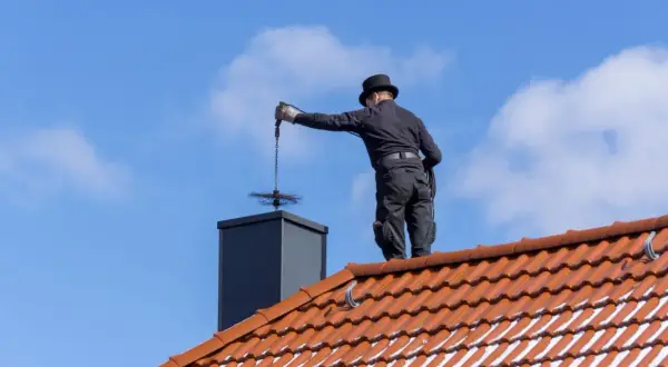 Kominiarz w cylindrze wykonuje przegląd kominiarski przy piecu gazowym, czyszcząc komin na dachu.