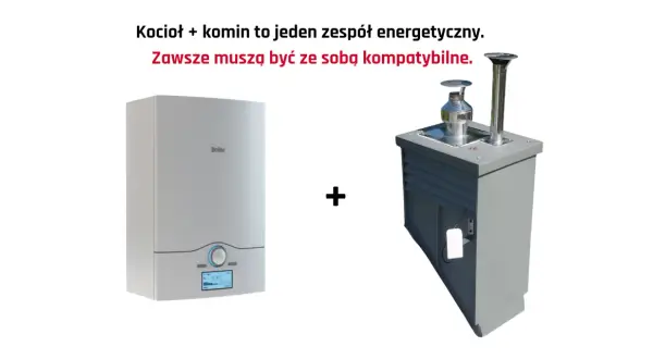 Nowoczesny kocioł i szary wkład do komina, tworzące razem system grzewczy.