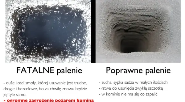 Zanieczyszczony komin po "fatalnym paleniu" vs. czysty po "poprawnym". Dowiedz się, ile bierze kominiarz za czyszczenie komina, by uniknąć pożaru.