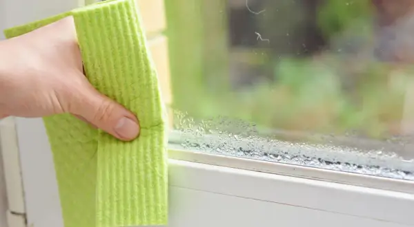 Dłoń z zieloną ściereczką wyciera skraplanie powietrza na szybie okiennej. Krople wody tworzą smugę na dolnej krawędzi okna.
