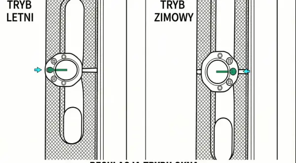 Regulacja okucia obwiedniowego okna: tryb letni i zimowy. Pokazuje, jak zmienić ustawienie, by dostosować docisk skrzydła.