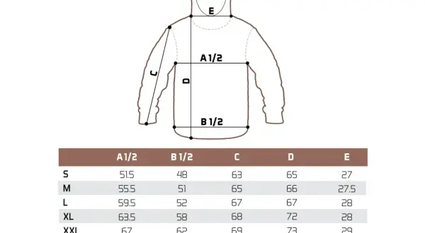 Tabela rozmiarów odzieży z oznaczeniami A1/2, B1/2, C, D, E. Komin leier wymiary podane w cm dla rozmiarów S-3XL.