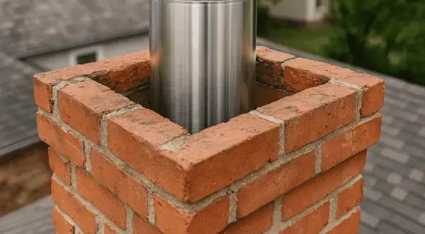 Nowy, metalowy wkład do komina z cegły, gotowy do montażu.