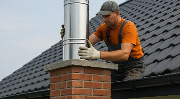 Monter na dachu montuje stalowy komin. To ważny etap, by sprawdzić szczelność komina i zapewnić bezpieczeństwo.