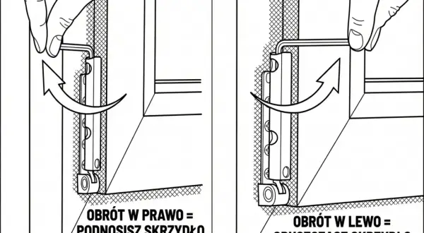 Regulacja okucia okiennego: obrót w prawo podnosi skrzydło, obrót w lewo je opuszcza.