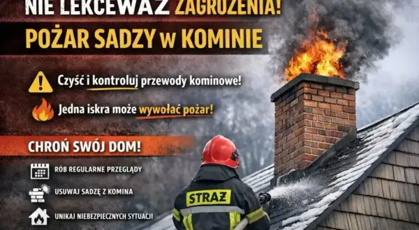 Strażak gasi pożar sadzy w kominie. Pojedyncze iskry z komina mogą wywołać pożar. Dbaj o czystość przewodów kominowych.