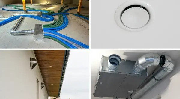 Instalacja rekuperacji w stropie: niebieskie i zielone przewody wentylacyjne, czerpnie i wyrzutnie ścienne, centrala wentylacyjna.