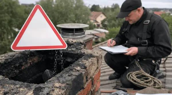 Kominiarz notuje na dachu, obok brudnego komina i pustego trójkąta ostrzegawczego. Brak przeglądu kominiarskiego art.