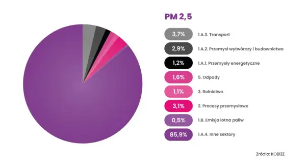 Wykres kołowy pokazuje, co jest w powietrzu: 85,9% to inne sektory, 3,7% transport, 3,1% procesy przemysłowe, 2,9% przemysł wytwórczy i budownictwo, 1,6% odpady, 1,2% przemysły energetyczne, 1,1% rolnictwo, 0,5% emisja lotna paliw.