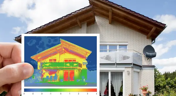 Termowizja domu pokazuje rozkład temperatur, pomagając ocenić wzór na współczynnik przenikania ciepła.