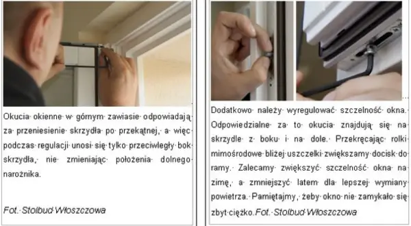 Regulacja okna góra dół: dokręcanie śrub w zawiasach i rolkach okucia poprawia szczelność.
