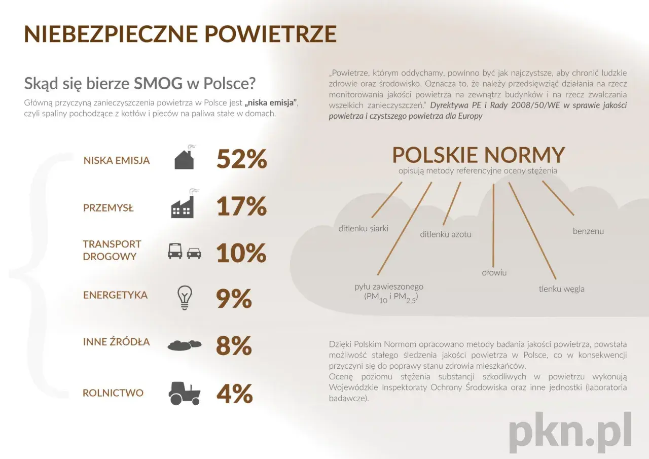 Wykres pokazuje źródła smogu w Polsce, gdzie niska emisja (spaliny z domów) to 52%. Wymieniono też pył zawieszony (PM10 i PM2.5) jako jeden z problemów.
